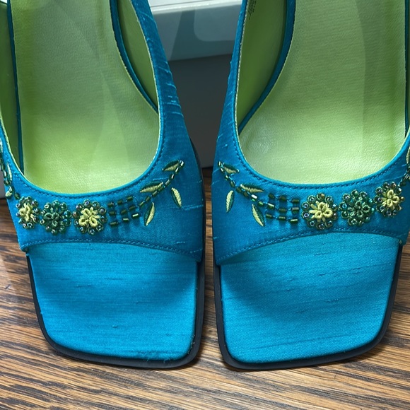 Vintage Nygard Sandals, Turquoise Linen Look Upper/Beaded Embellishment, NIB 8.5 - Picture 9 of 14